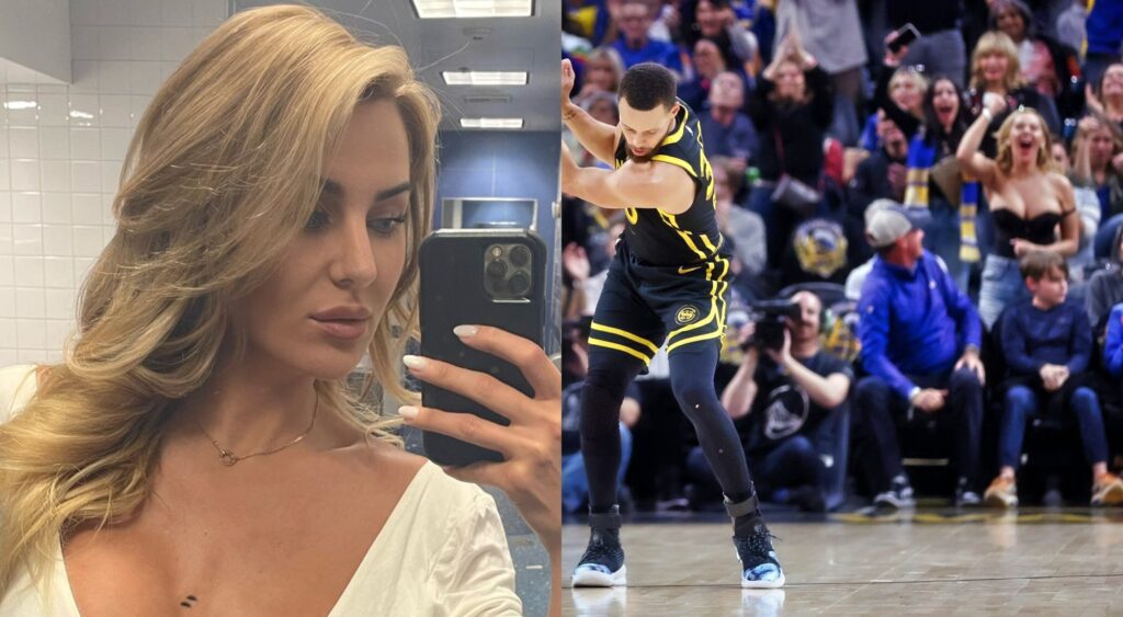 Katherine Taylor on the left and Steph Curry golf celebration on right.