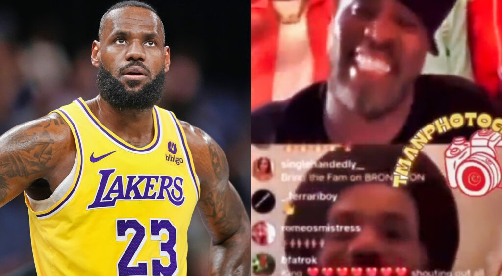 Photo of LeBron James in Lakers uniform and still of LeBron James on call with Diddy