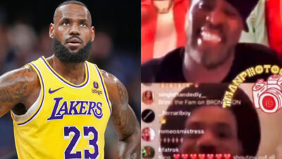 Photo of LeBron James in Lakers uniform and still of LeBron James on call with Diddy