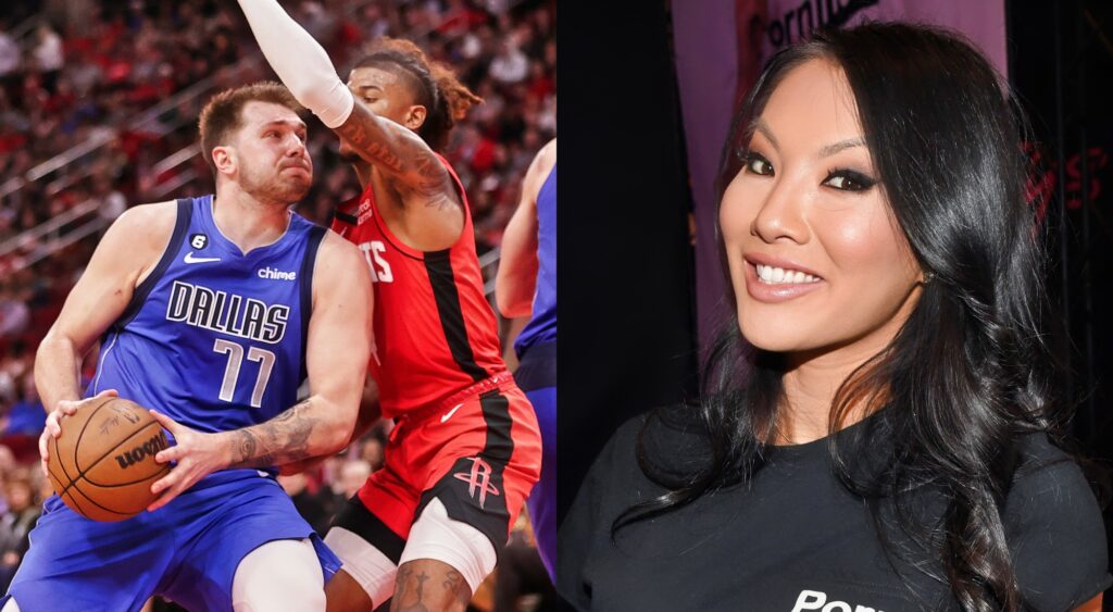 Dallas Mavericks star Luka Doncic going for a layup against the Houston Rockets' Jalen Green, and adult film star Asa Akira.