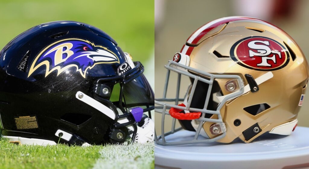 Baltimore Ravens and San Francisco 49ers Helmets.