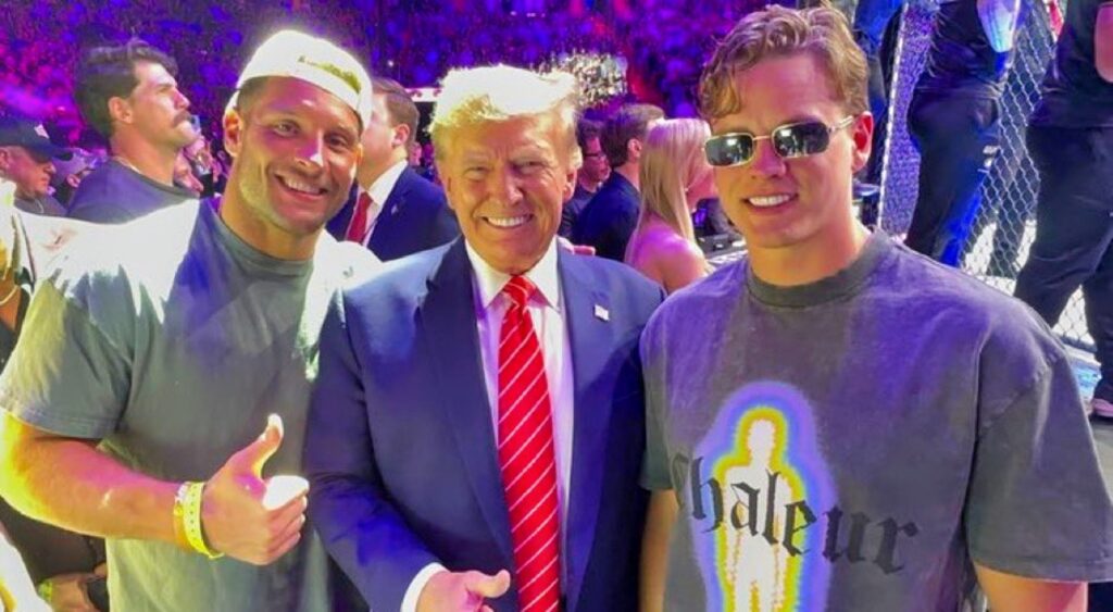 Nick Bosa, Joe Burrow and Donald Trump pose for a photo.