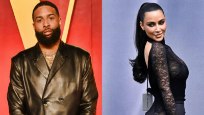 Photos of Odell Beckham Jr. and Kim Kardashian in black outfits.