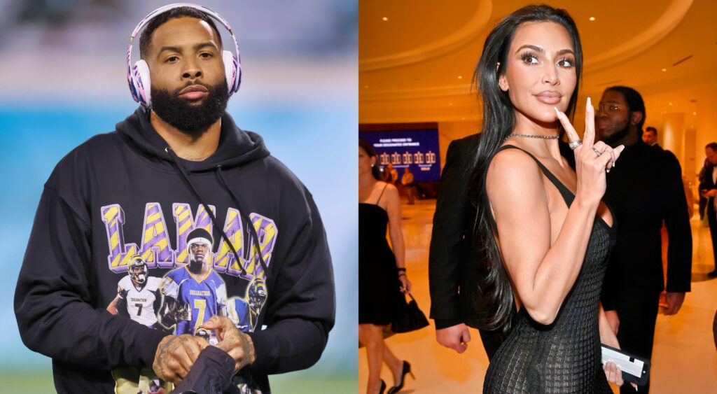 Photo of Odell Beckham Jr. in hoodie and headphones and photo of Kim Kardashian holding two fingers up