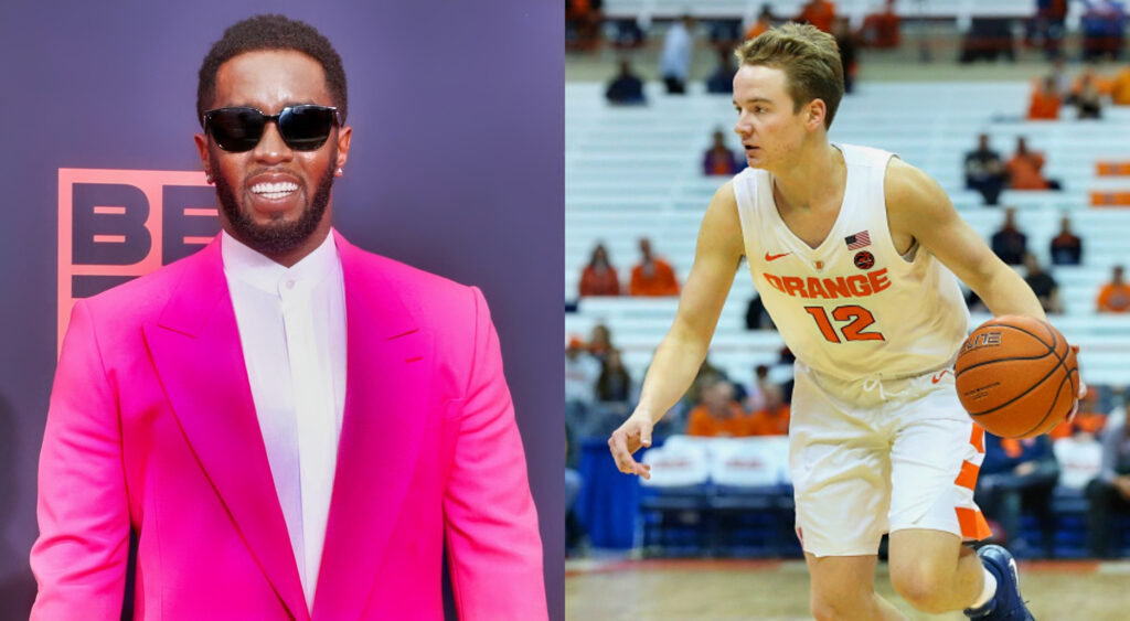 Photo of Diddy smiling and photo of Brendan Paul dribbling basketball
