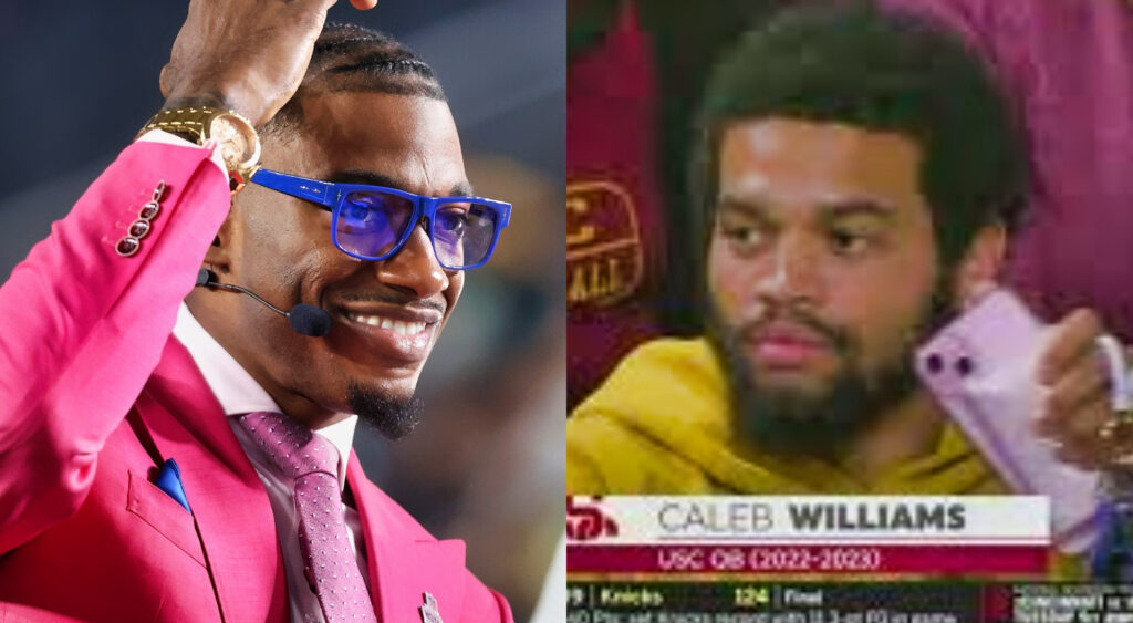 Phoro of RGIII smiling and photo of Caleb Williams holding pink iPhone