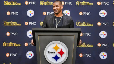 Russell Wilson speaking to reporters at introductory Steelers press conference