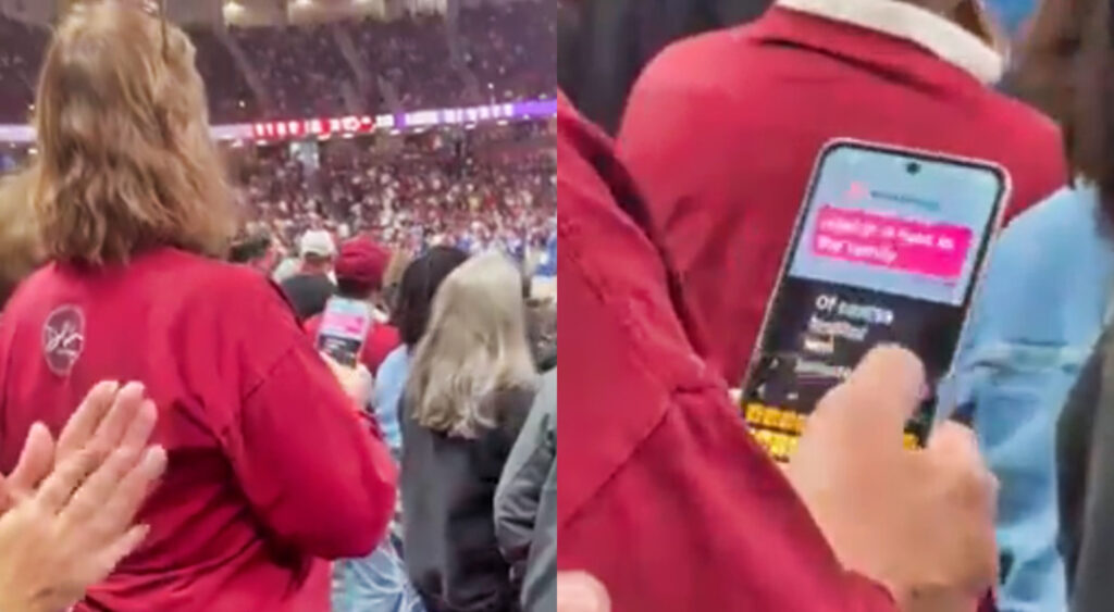 Photos of woman sending text in stands at SEC Title Game