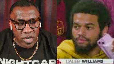 Photo of Shannon Sharpe speaking on Nightcap and photo of Caleb Williams at USC women's game