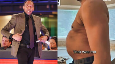 Photo of Stephen A. Smith wearing suit and photo of Stephen A. Smith's stomach