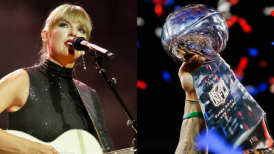 Photo of taylor Swift performing and photo of Lombardi Trophy