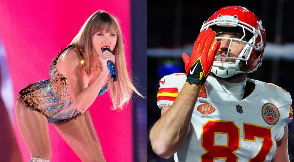 Taylor Swift sings and Travis Kelce blows a kiss.