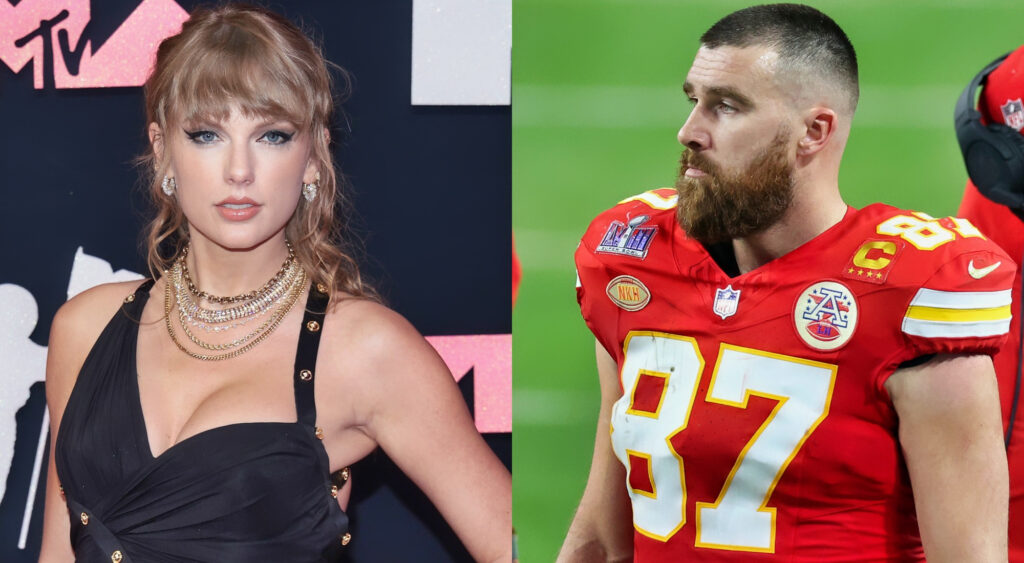 Photo of Taylor Swift wearing black outfit and photo of Travis Kelce in Chiefs gear