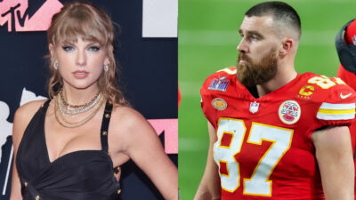 Photo of Taylor Swift wearing black outfit and photo of Travis Kelce in Chiefs gear