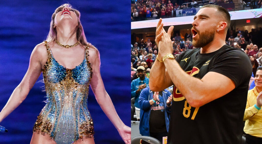 Photo of Taylor Swift performing and photo of Travis Kelce applauding