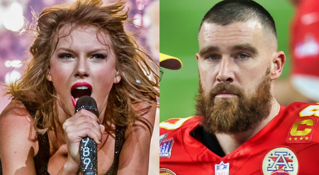 Photo of Taylor Swift singing into a mic and photo of Travis Kelce sulking