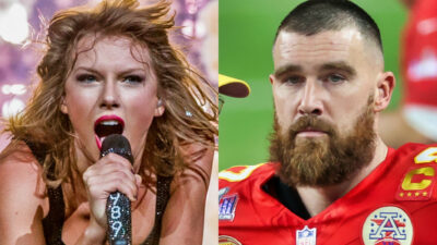 Photo of Taylor Swift singing into a mic and photo of Travis Kelce sulking