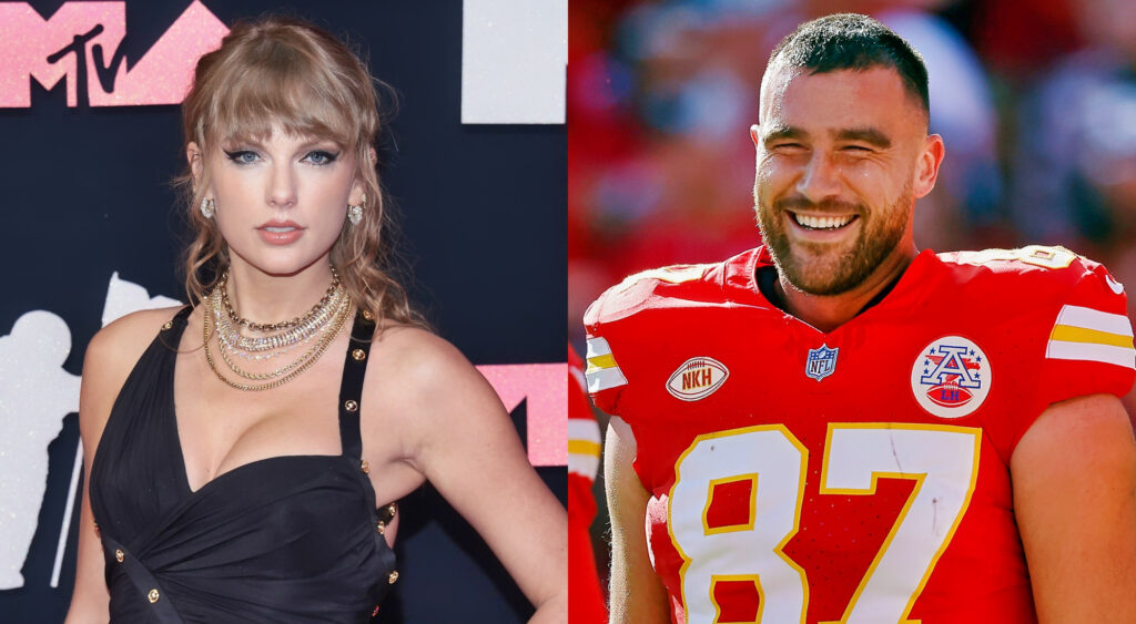 Photo of Taylor Swift in black dress and photo of Travis Kelce smiling