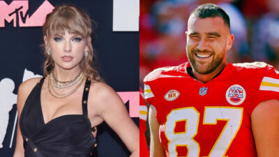 Photo of Taylor Swift in black dress and photo of Travis Kelce smiling