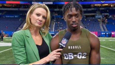 Terrion Arnold speaking to NFL reporter at NFL combine