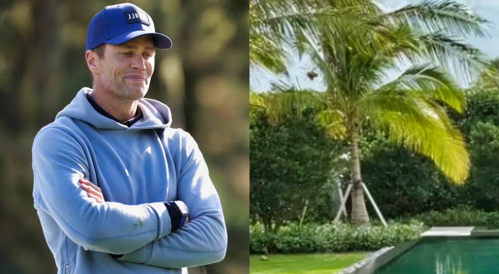 Photo of Tom Brady with his arms folded and photo of Tom Brady's backyard