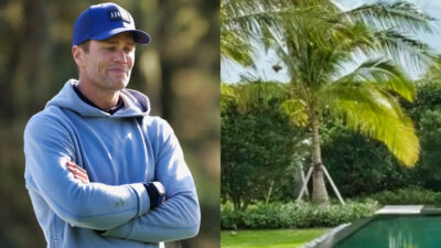 Photo of Tom Brady with his arms folded and photo of Tom Brady's backyard