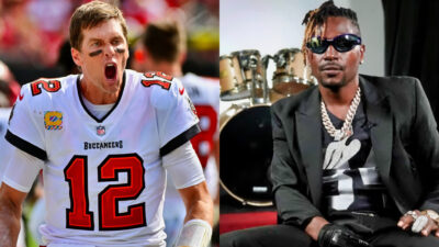 Photo of Tom Brady shouting and photo of Antonio Brown in blak outfit and jewelry