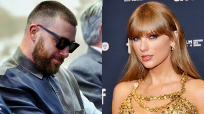 Photo of Travis Kelce wearing sunglasses and photo of Taylor Swift smiling
