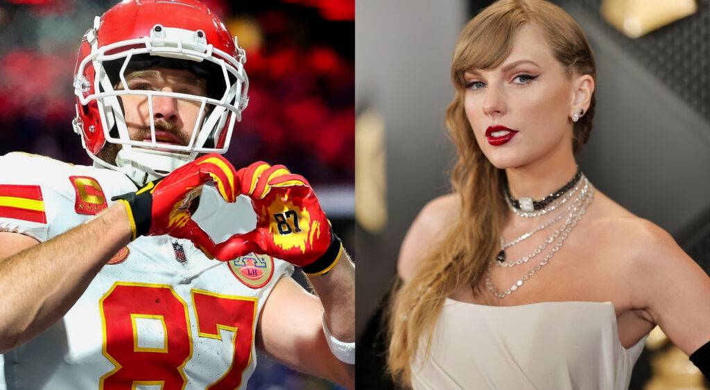 Photo of Travis Kelce making hear gesture and photo of Taylor Swift in white dress