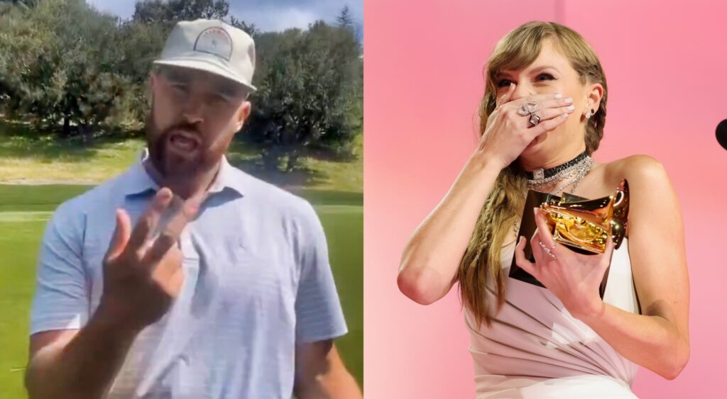 Travis Kelce singing on a golf course and Taylor Swift laughing.
