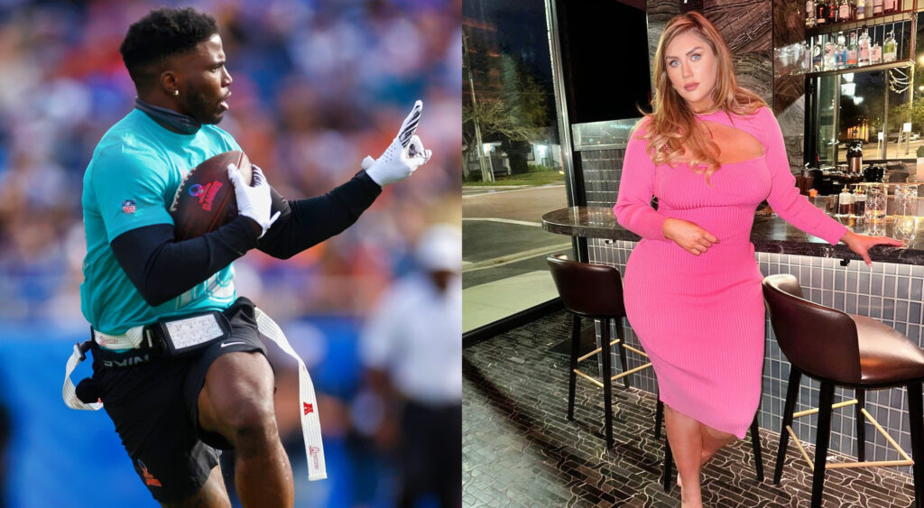 Photo of Tyreek Hill running with football and photo of Sophie Hall in pink dress