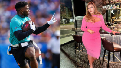 Photo of Tyreek Hill running with football and photo of Sophie Hall in pink dress