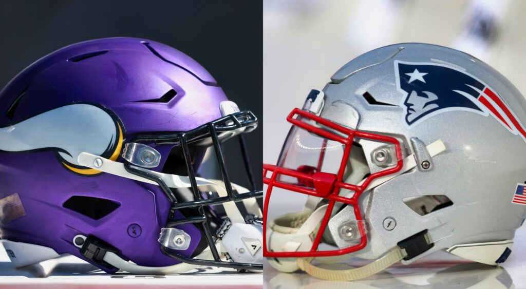 Photos of Vikings and Patriots helmets