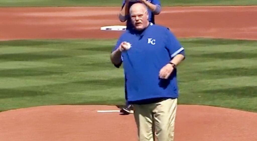 Andy Reid making pitch at Royals game