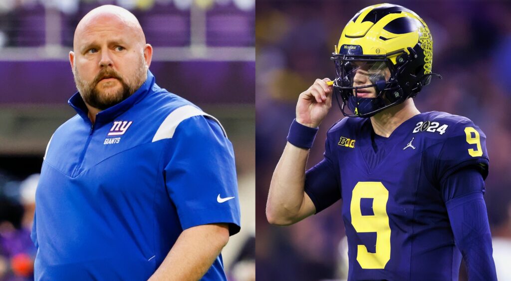 Brian Daboll of New York Giants looking on (left). JJ McCarthy of Michigan Wolverines looking on (right).