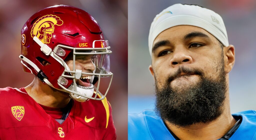 Caleb Williams of USC looking on (left). Keenan Allen of Los Angeles Chargers looking on (right).