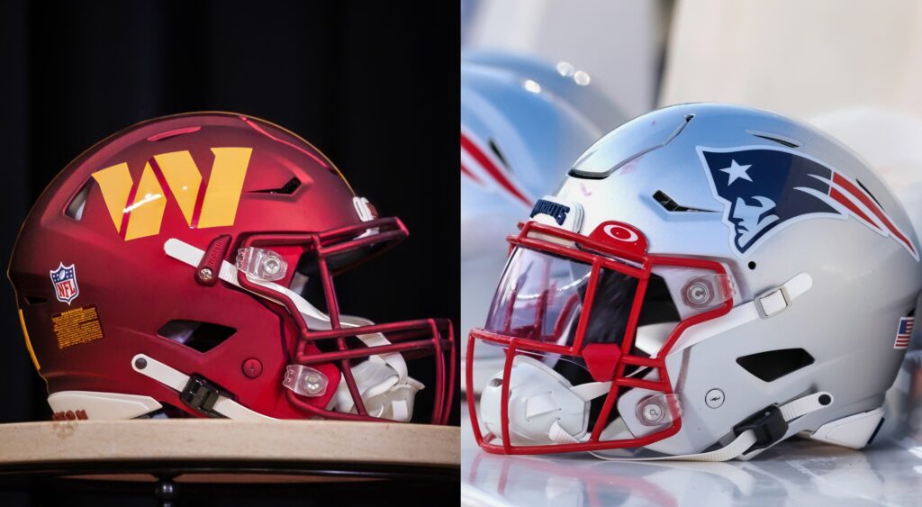 Washington Commanders helmet shown (left). New England Patriots helmet sitting (right).