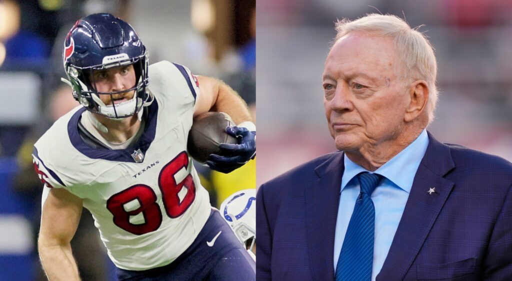Houston Texans tight end Dalton Schultz carrying football (left). Dallas Cowboys owner Jerry Jones (right) looking on.