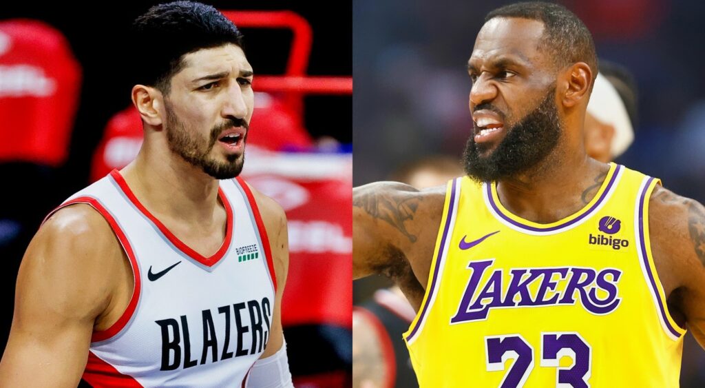 Enes Kanter Freedom in one image looking confused and LeBron James yelling in another image.