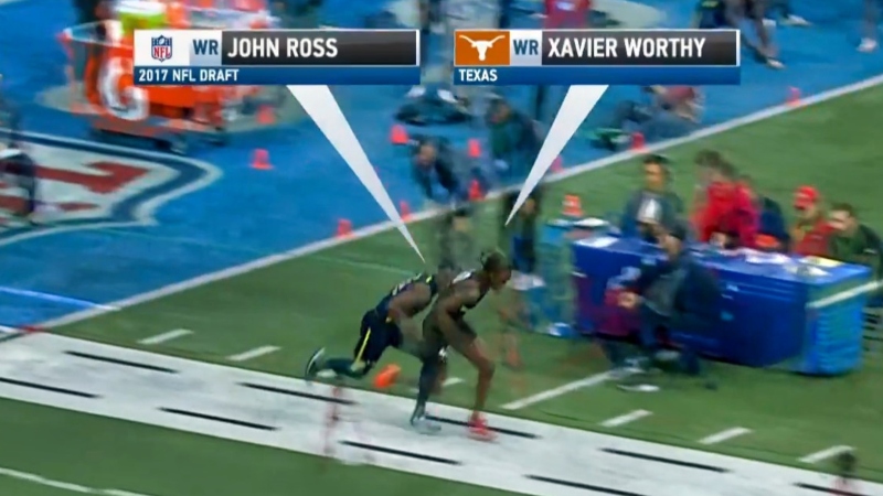 Simulcam screenshot of John Ross and Xavier Worthy running 40-yard dash.