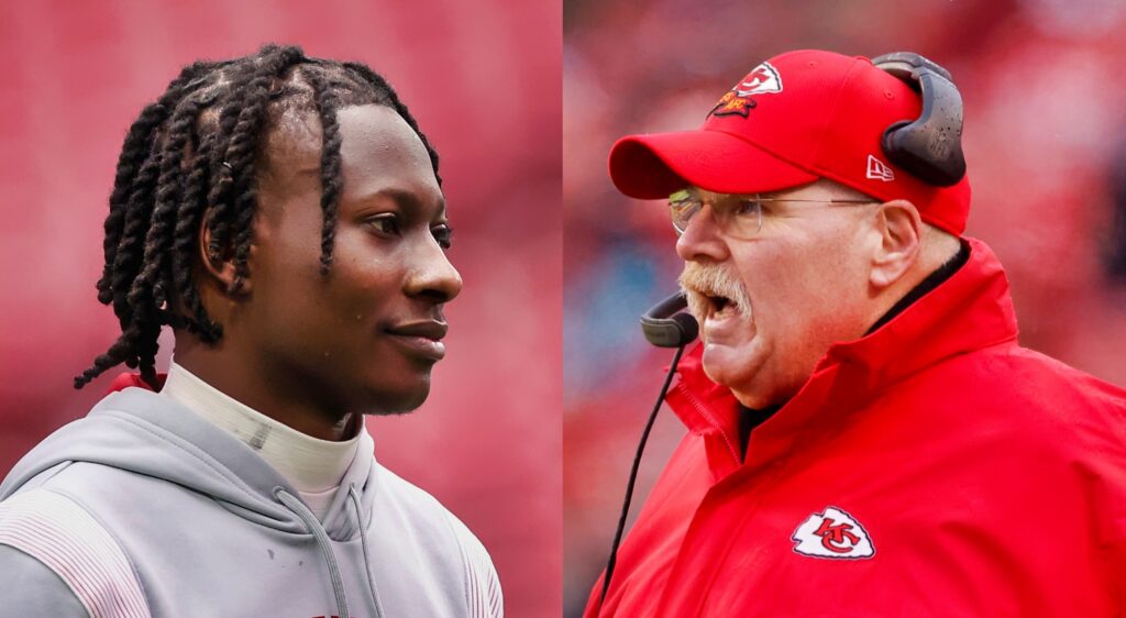 Marquise Brown looking on (left) Andy Reid reacting during game (right).