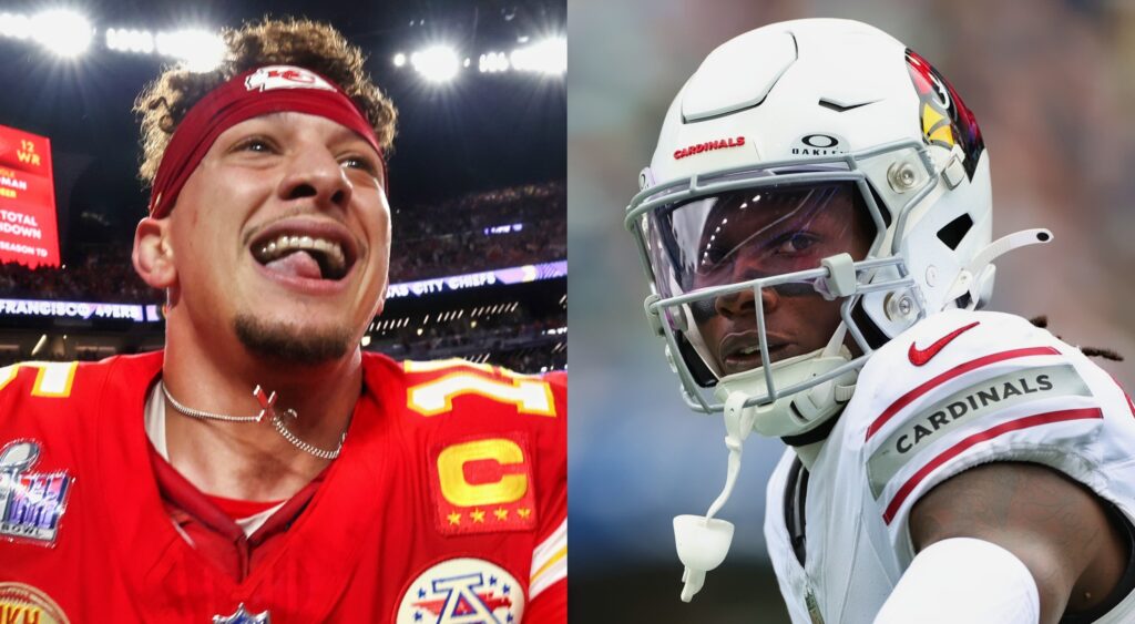 Patrick Mahomes celebrating (left). Marquise Brown looking on (right).