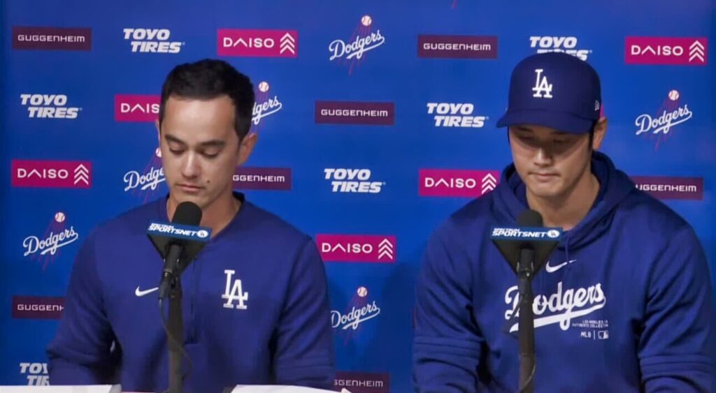 Shohei Ohtani speaking at Los Angeles Dodgers press conference.