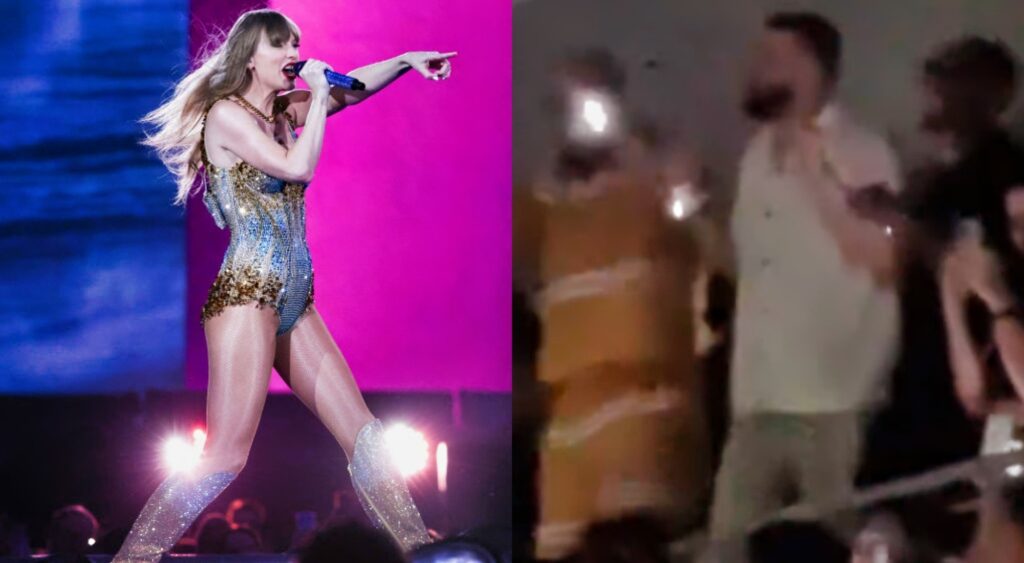 Taylor Swift performing. Travis Kelce dancing