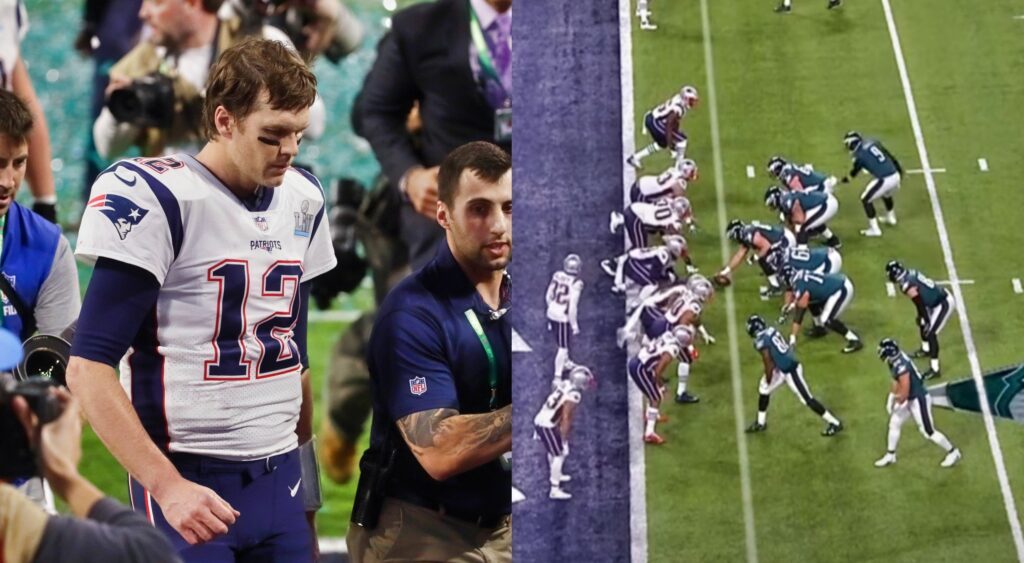 Tom Brady looking on (left). Nick Foles calling play (right).