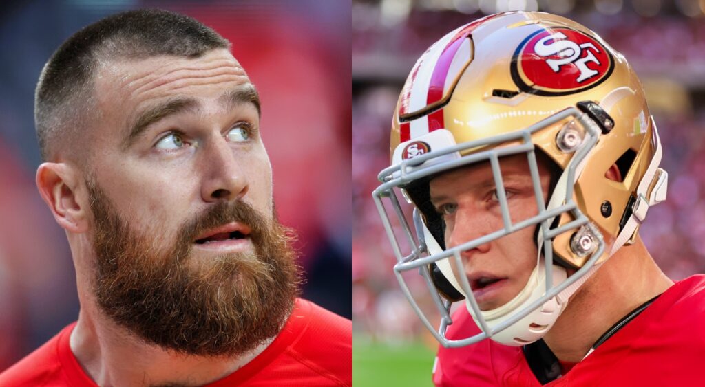 Travis Kelce of Kansas City Chiefs looking on (left). Christian McCaffrey of San Francisco 49ers looking ahead (right).