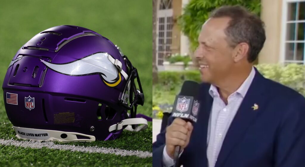 Minnesota Vikings helmet shown on left. Owner Mark Wilf on right.