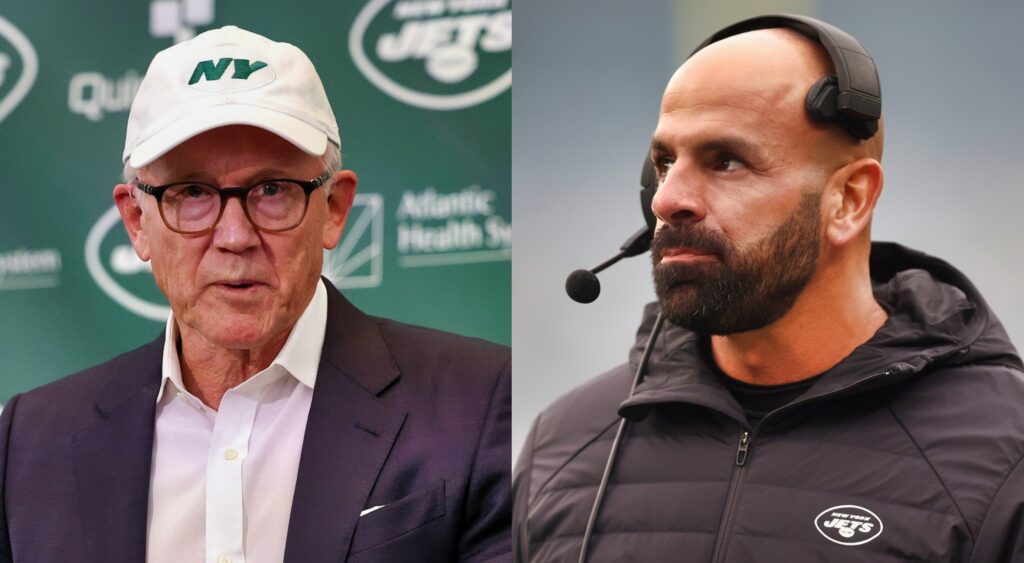 New York Jets owner Woody Johnson speaking at conferenc (left). Jets head coach Robert Saleh looks on (right).