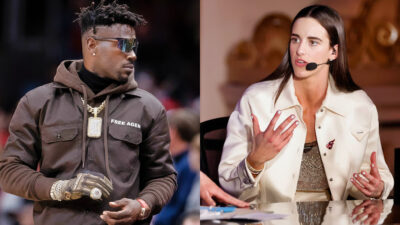 Photo of Antonio Brown looking to his left and photo of Caitlin Clark speaking into a mic