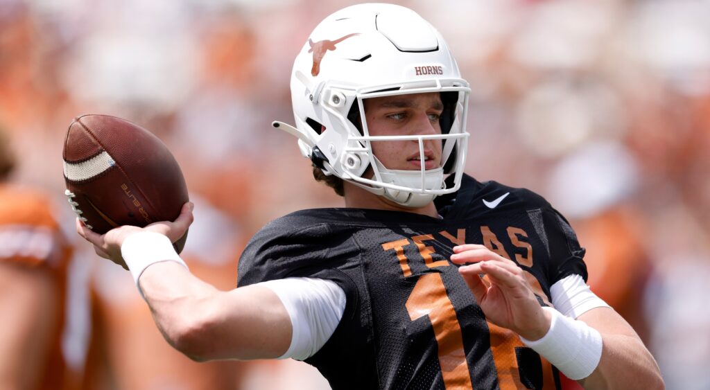 Arch Manning throwing during Texas Longhorns practice